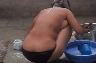 My elder sister-in-law&#039;s stepsister is bathing naked in red tights in the open bathroom at one's disposal my house