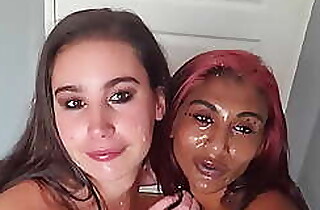 Mixed race LESBIANS covering up each others faces with SALIVA also sharing sloppy tongue kisses