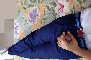 Indian young college boy jerking off on bed lots of cum uppish uniform